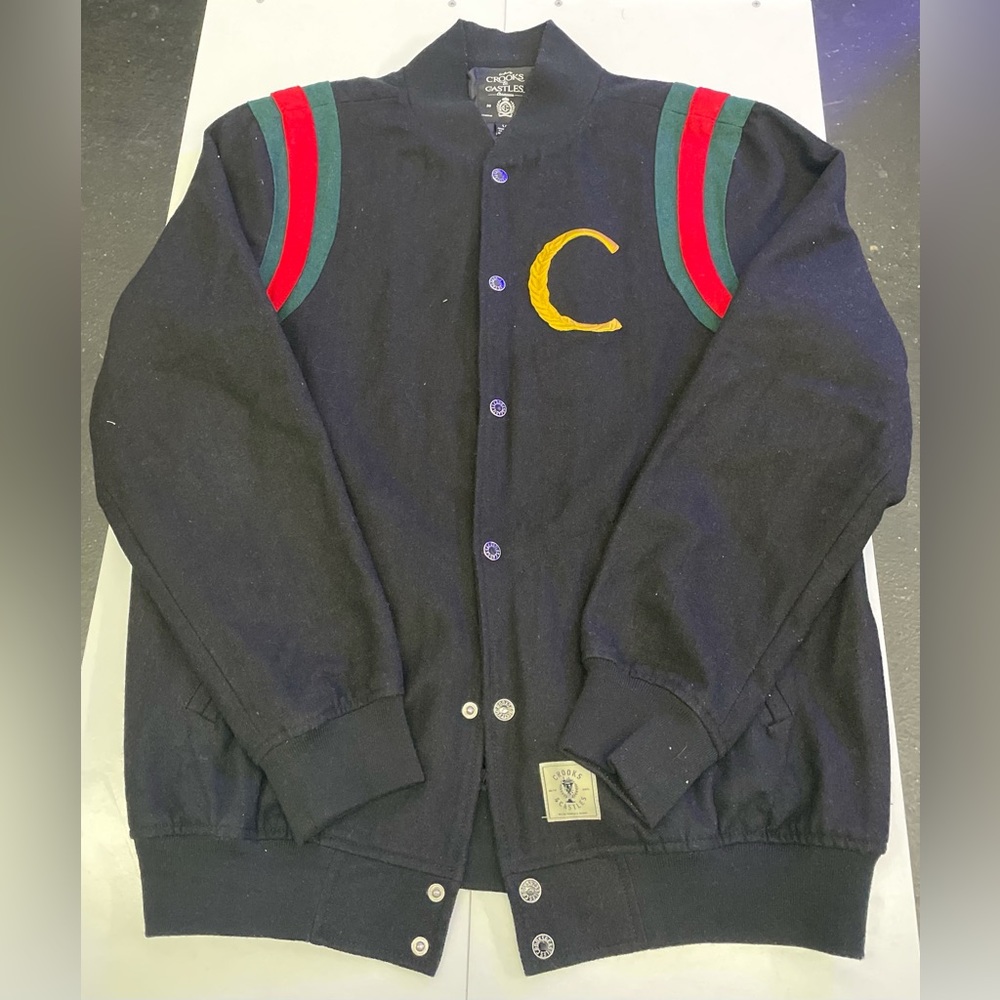 CROOKS & CASTLES WOOL BOMBER VARSITY  JACKET BLACK RED GREEN GOLD SZ. LARGE